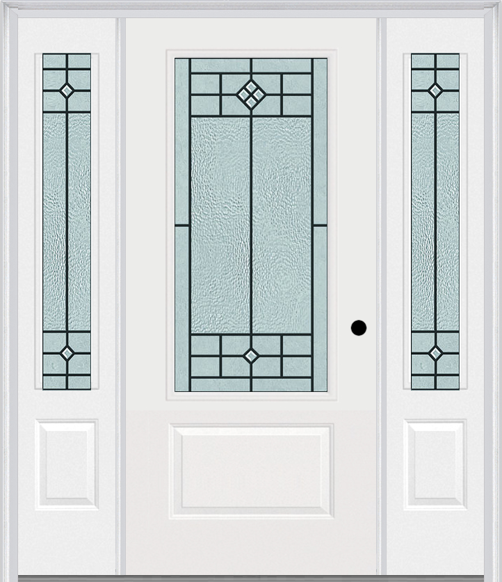 MMI 3/4 Lite 1 Panel 6'8" Fiberglass Smooth Beaufort Patina Exterior Prehung Door With 2 Beaufort Patina 3/4 Lite Decorative Glass Sidelights 608